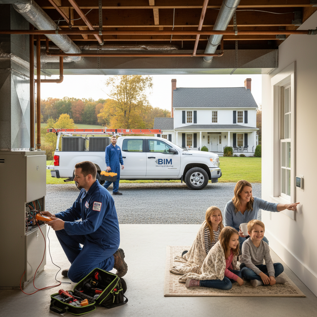Experienced HVAC technician servicing a furnace in a Fredericksburg, Virginia home, ensuring optimal heating and cooling performance.