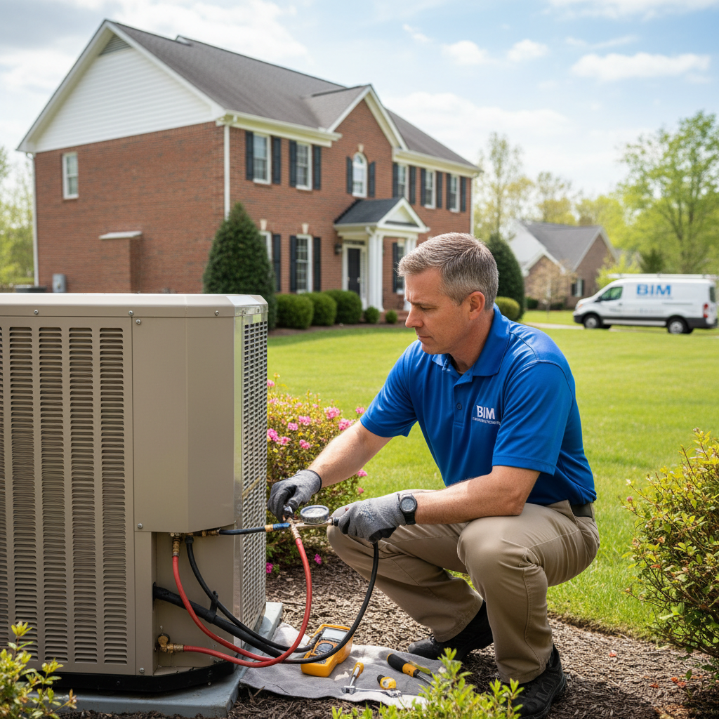 Experienced HVAC technician servicing an outdoor air conditioning unit in Fredericksburg, Virginia.