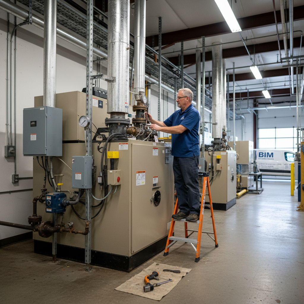 Experienced HVAC technician working on a commercial heating system in Fredericksburg, Virginia.