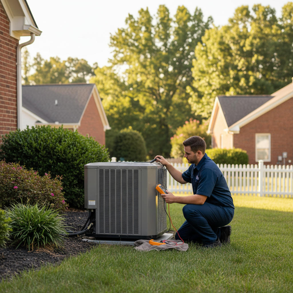 Expert BIM Heating and Cooling technician checking an outdoor AC unit in Fredericksburg, Virginia.