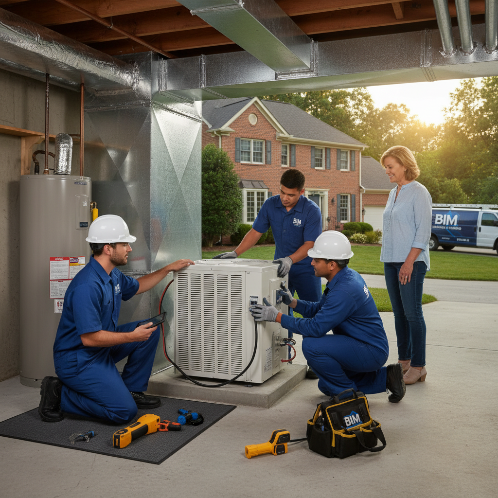 Expert BIM Heating and Cooling technician inspecting a furnace in a Fredericksburg, Virginia home.