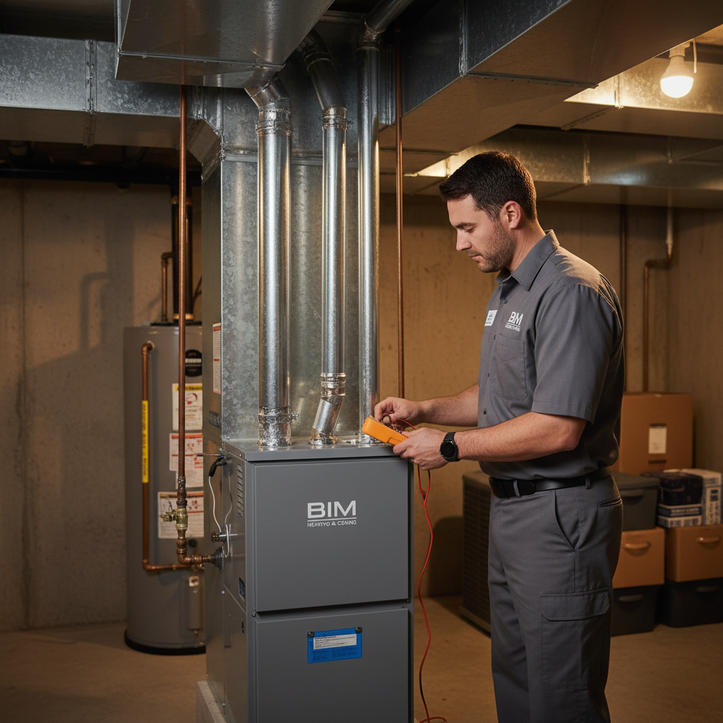 Expert BIM Heating and Cooling technician inspecting a furnace in a Fredericksburg, Virginia home.