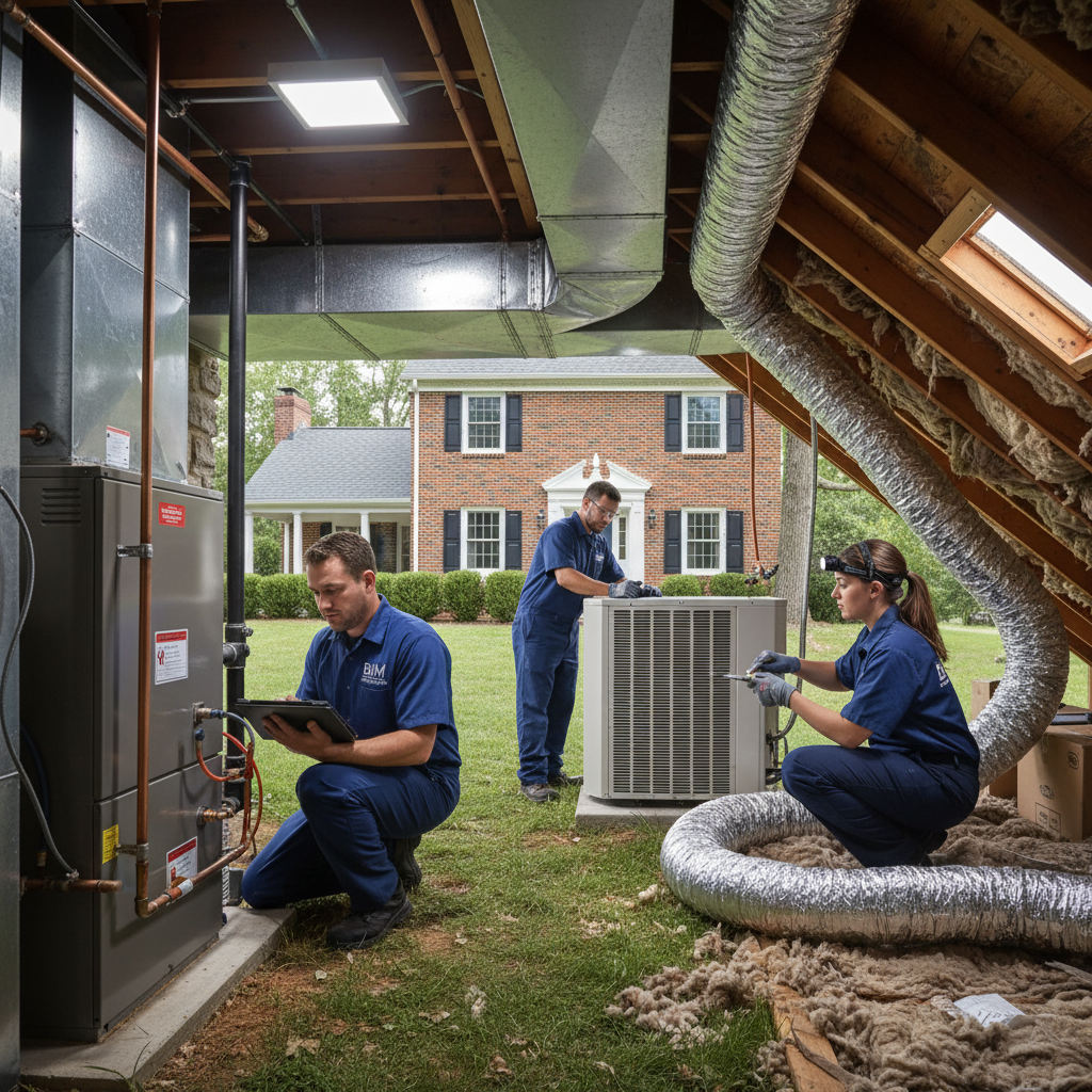 Expert BIM Heating and Cooling technician inspecting a furnace in a Fredericksburg, Virginia home.