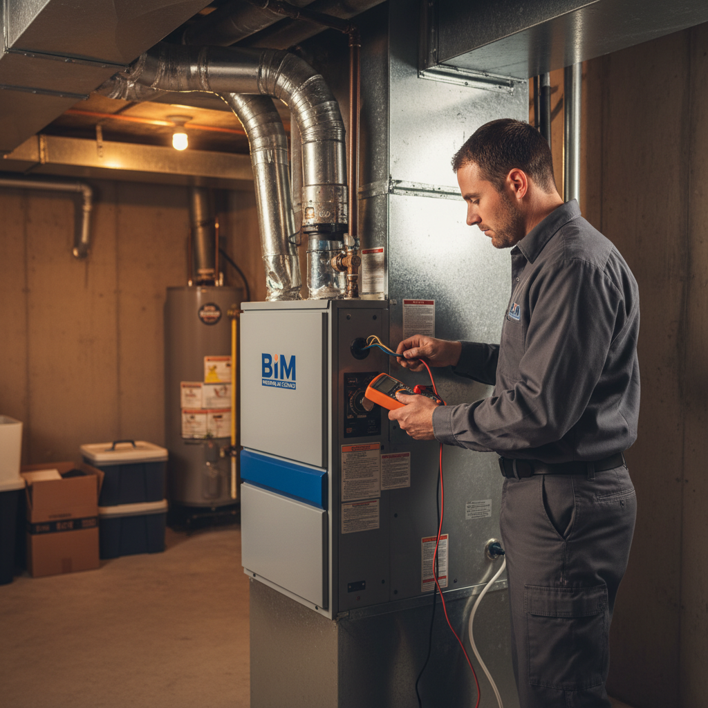 Expert BIM Heating and Cooling technician inspecting a furnace in a Fredericksburg, Virginia home.