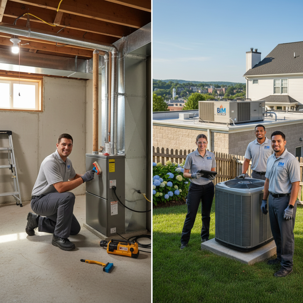 Expert BIM Heating and Cooling technician installing a new HVAC unit in a Fredericksburg, VA home.