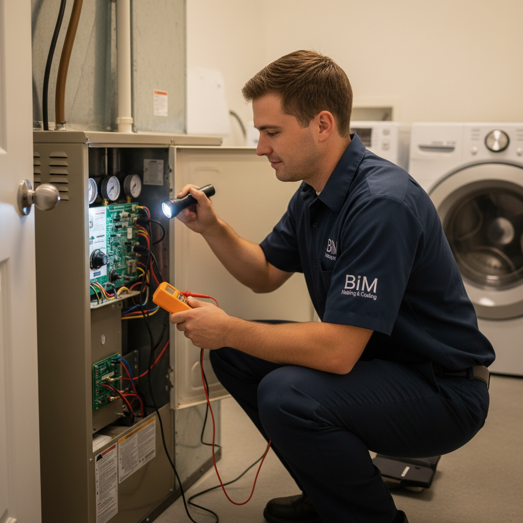 Friendly BIM Heating and Cooling professional checking an HVAC system inside a Fredericksburg, VA residence.