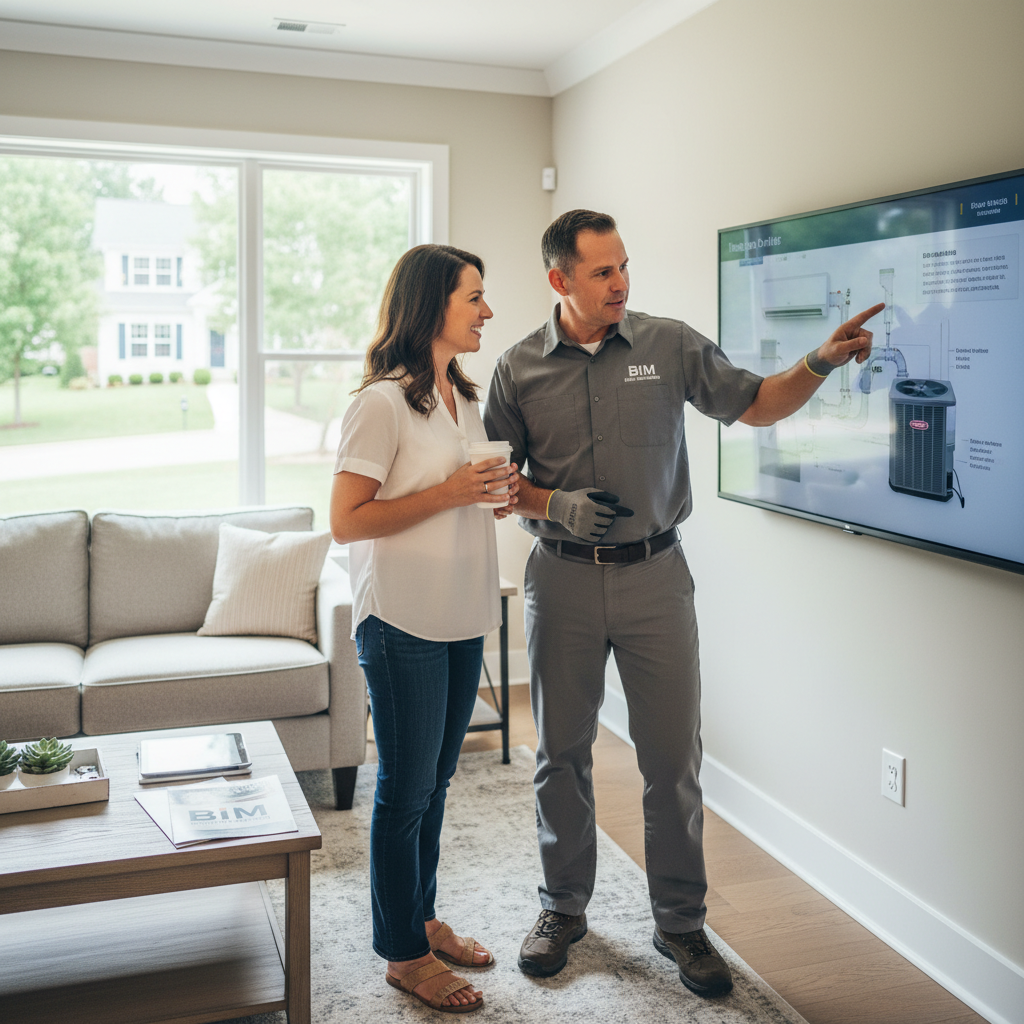 Friendly BIM Heating and Cooling technician discussing HVAC options with a Fredericksburg homeowner.