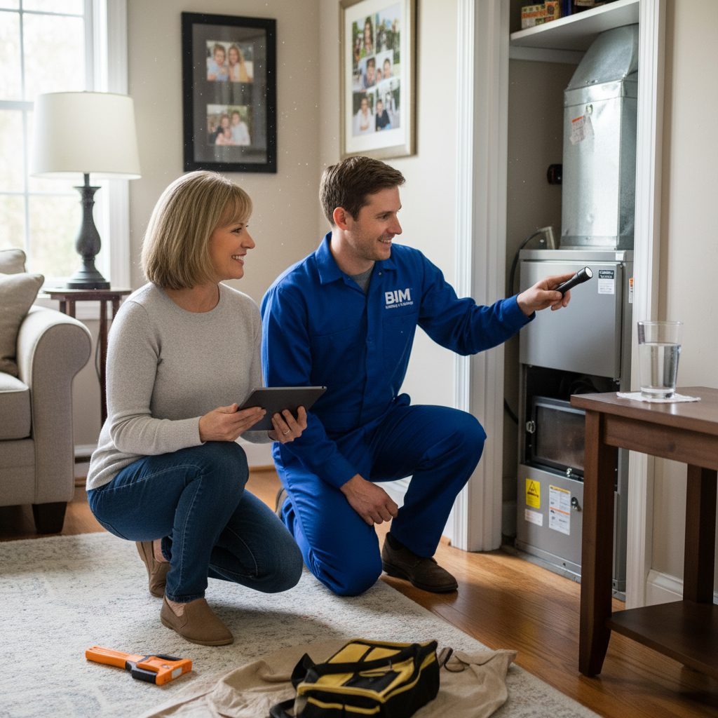 Friendly BIM Heating and Cooling technician explaining a repair to a homeowner in Fredericksburg, VA.