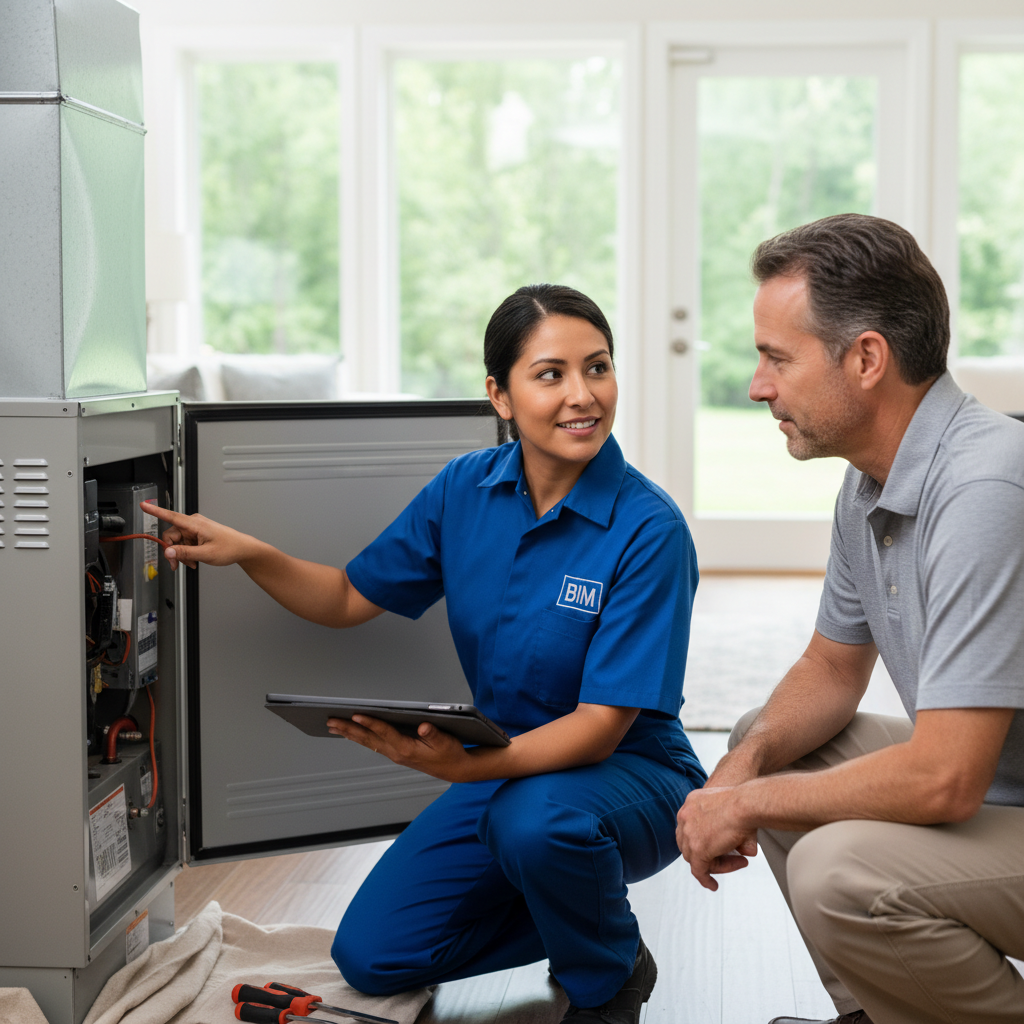 Friendly BIM Heating and Cooling technician explaining HVAC repair to a homeowner in Fredericksburg.