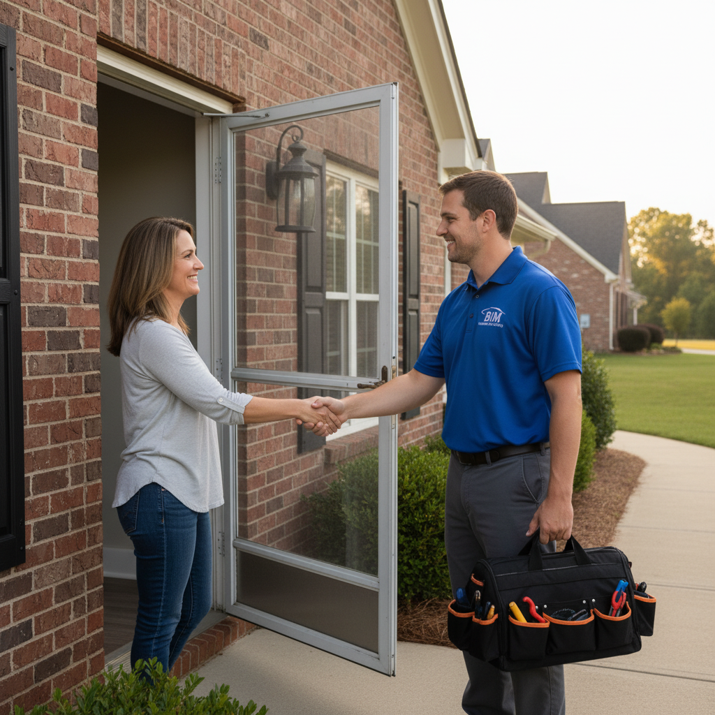 Friendly BIM Heating and Cooling technician greeting a homeowner in Fredericksburg, Virginia for HVAC service.