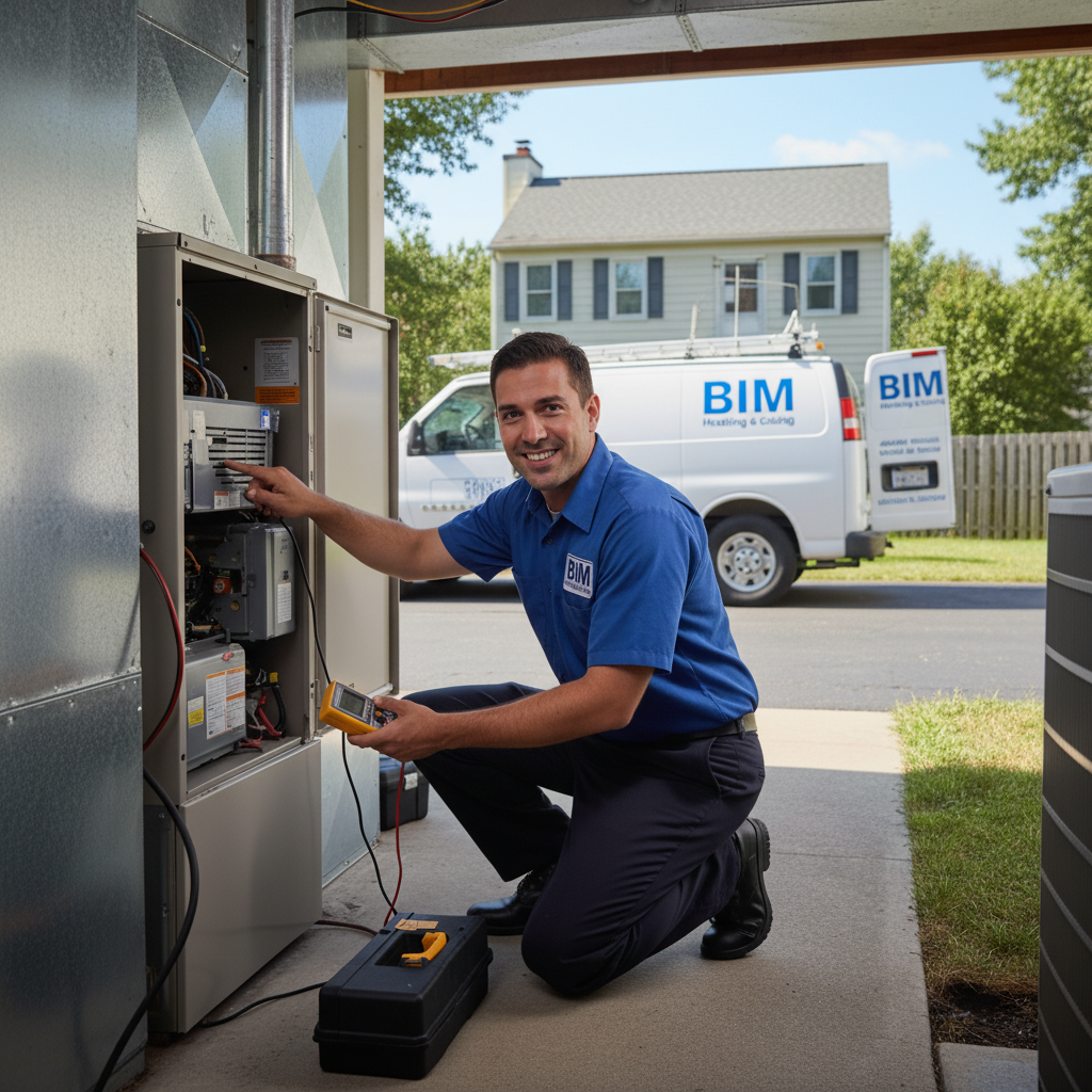 Friendly BIM Heating and Cooling technician smiling during a service call in Fredericksburg, VA.
