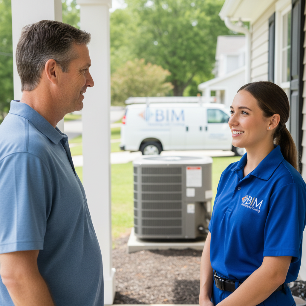 Friendly BIM Heating and Cooling technician talking to a homeowner in Fredericksburg, Virginia.