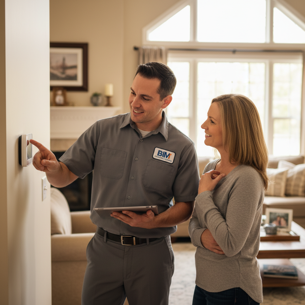 Friendly BIM Heating and Cooling technician talking to a homeowner about HVAC repair in Fredericksburg, VA.