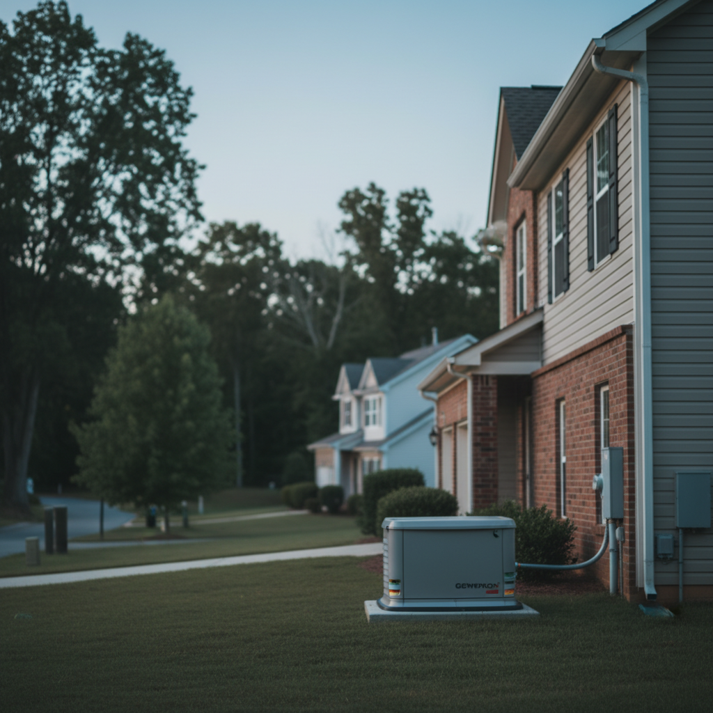 Generator installation in a quiet Fredericksburg, VA neighborhood, providing peace of mind for homeowners.