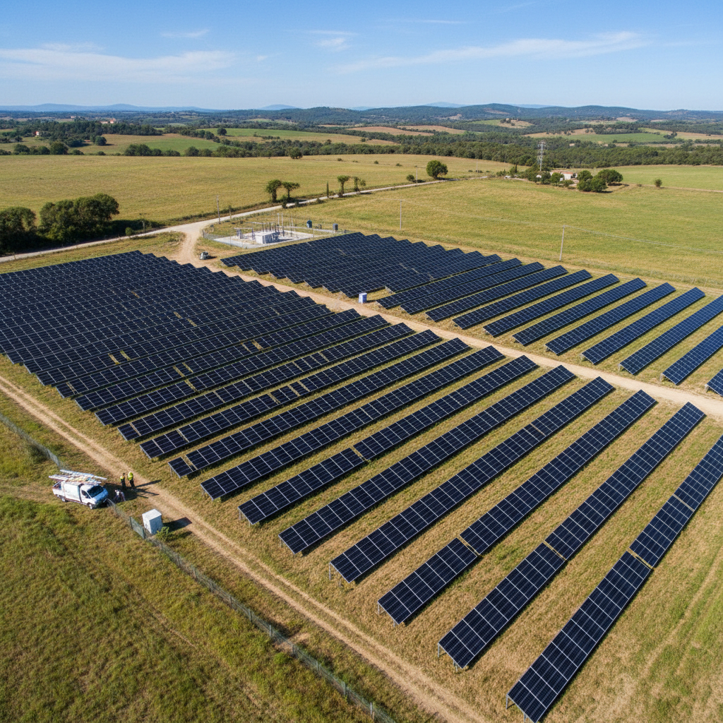 Ground mount solar installation by BIM Heating and Cooling, showing panels on a sunny field.