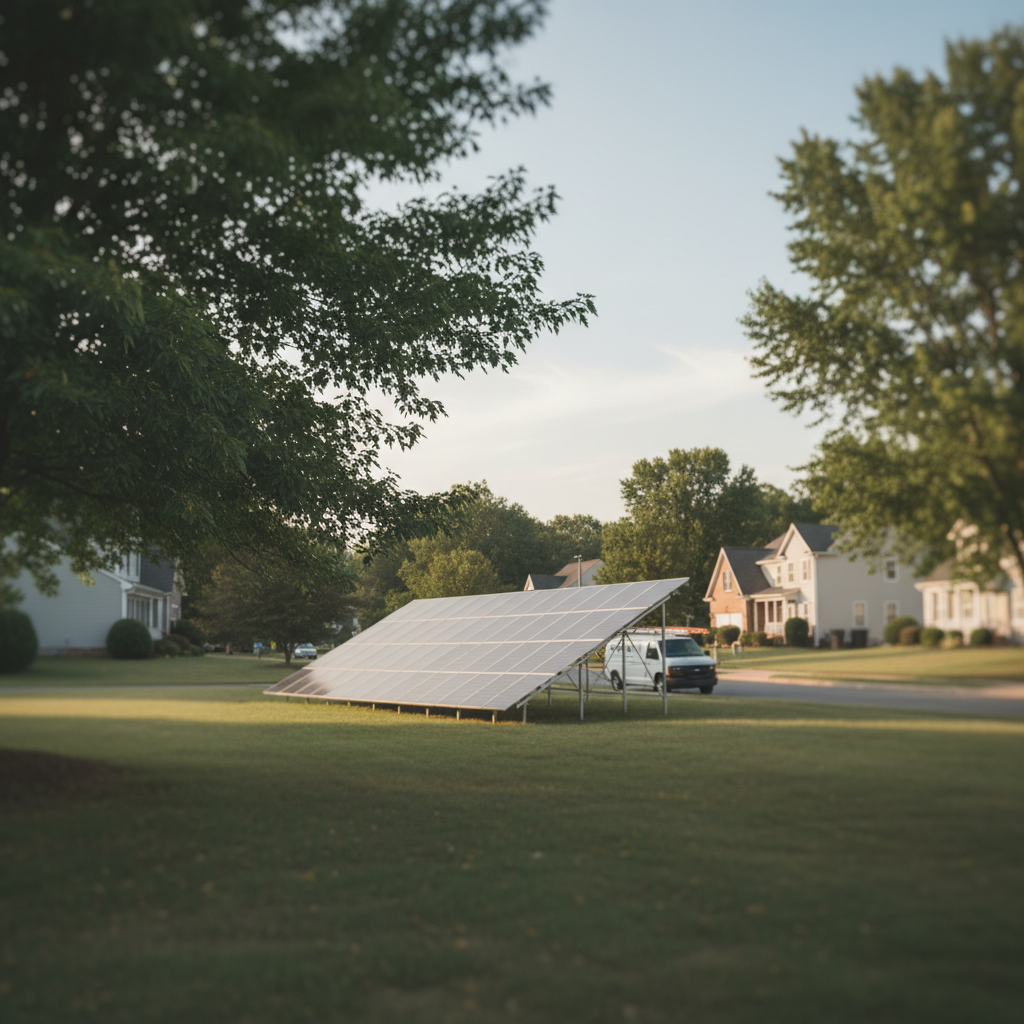 Ground mount solar installation in a residential backyard, blending into a Fredericksburg, VA neighborhood.