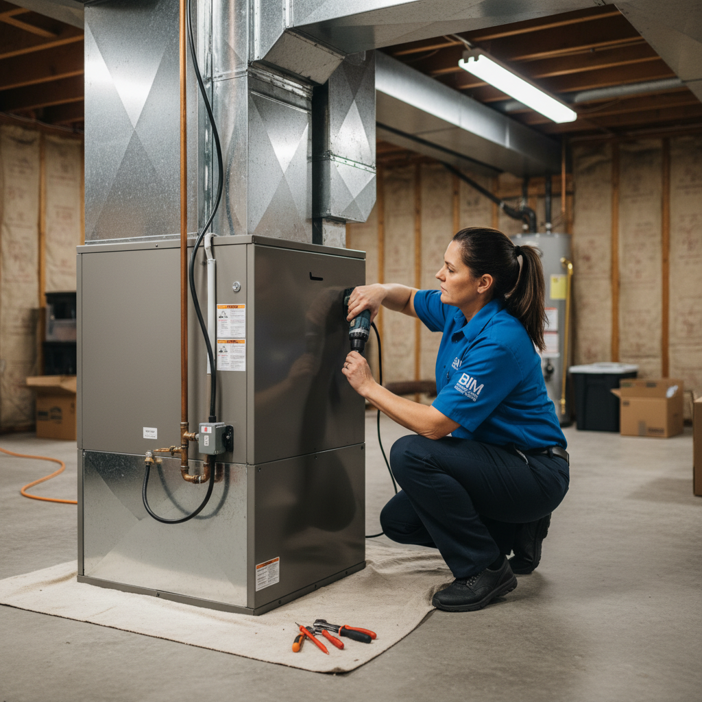 HVAC professional from BIM Heating and Cooling installing a new furnace in a Virginia home.