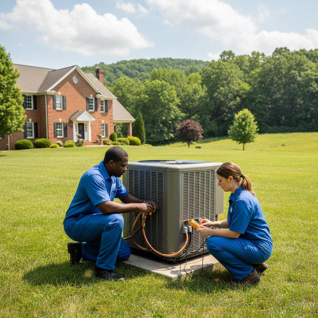 HVAC professionals from BIM Heating and Cooling installing an outdoor AC unit in rural Virginia.
