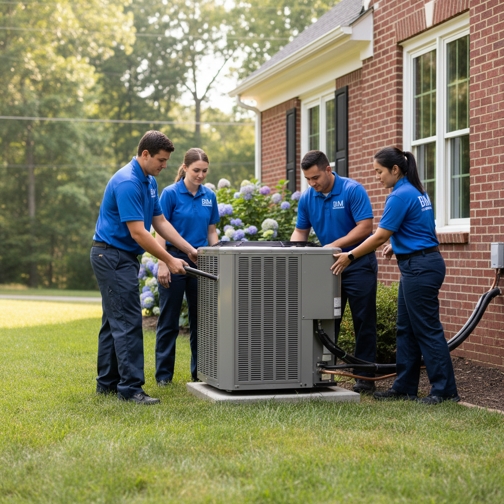 HVAC professionals from BIM Heating and Cooling installing a new air conditioner in Stafford County, VA.