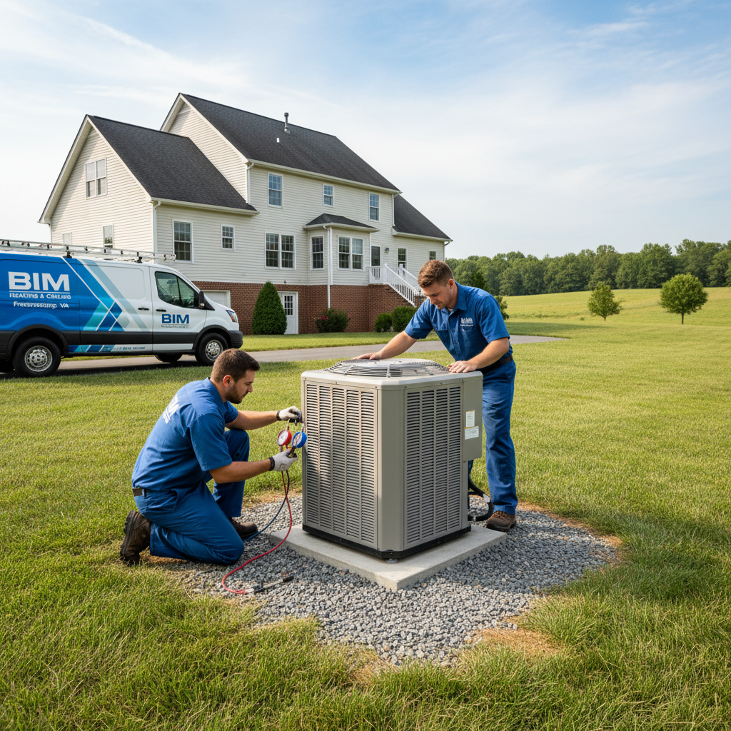 HVAC professionals from BIM Heating and Cooling installing an outdoor AC unit in rural Virginia.