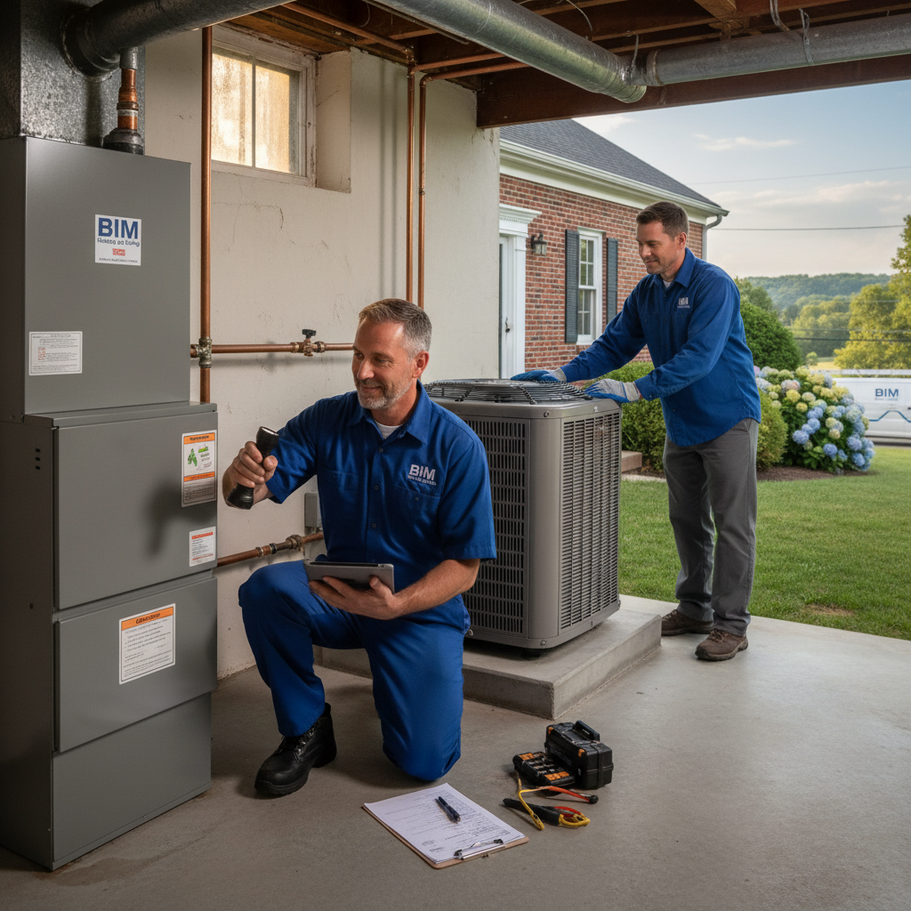 HVAC technician from BIM Heating and Cooling inspecting a furnace in a Fredericksburg, Virginia home.