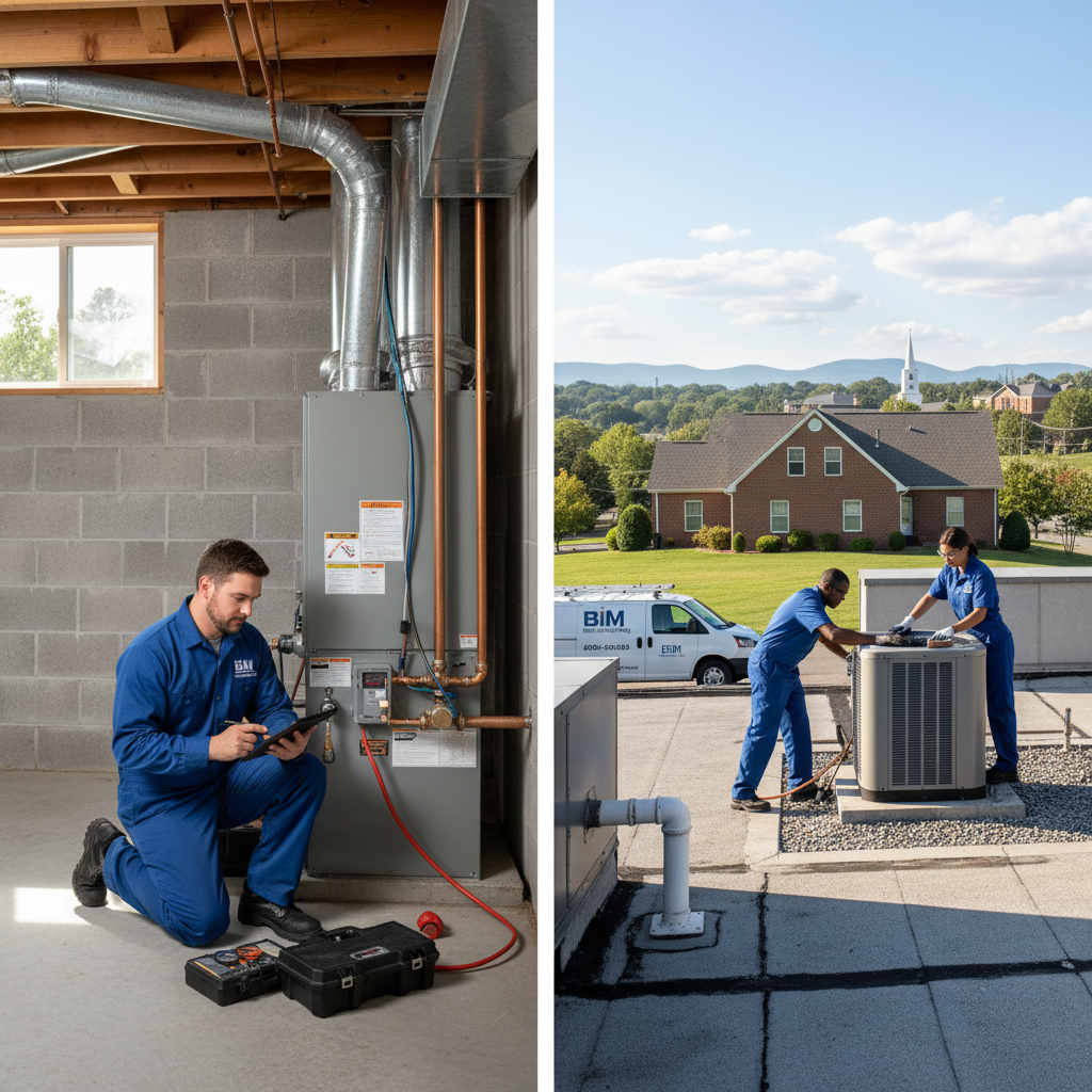 HVAC technician from BIM Heating and Cooling inspecting a furnace in a Fredericksburg, Virginia home.