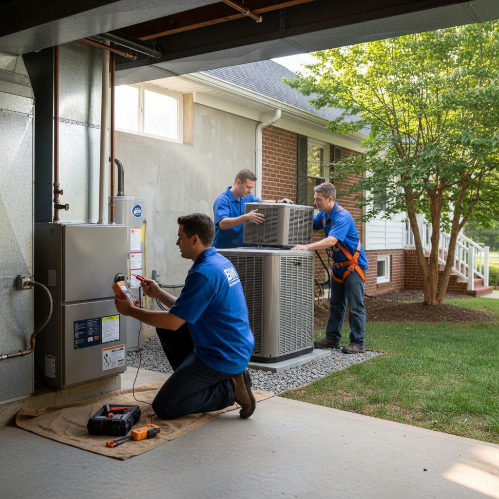 HVAC technician from BIM Heating and Cooling inspecting a furnace in a Fredericksburg, VA home.