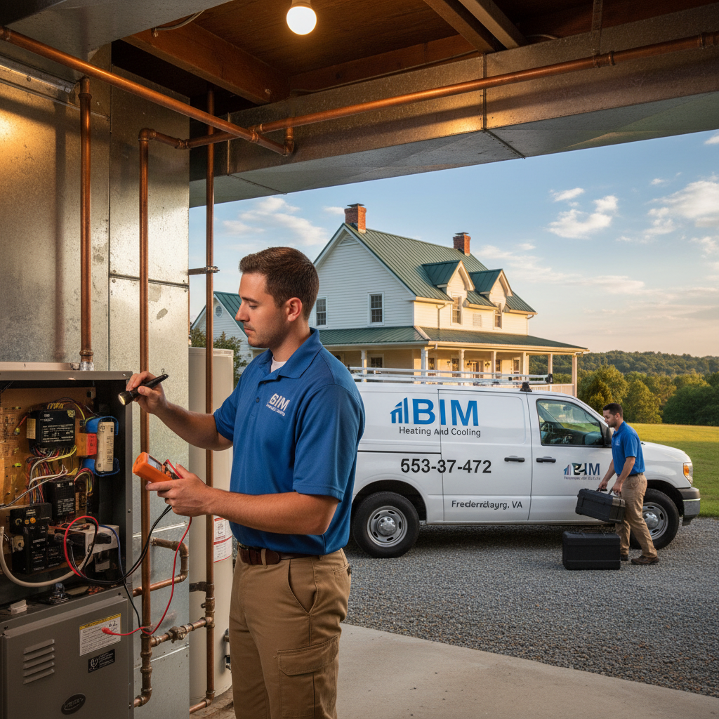 HVAC technician from BIM Heating and Cooling inspecting a furnace in a Fredericksburg, Virginia home.