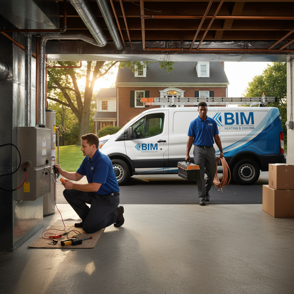 HVAC technician from BIM Heating and Cooling inspecting a furnace in a Fredericksburg, Virginia home.