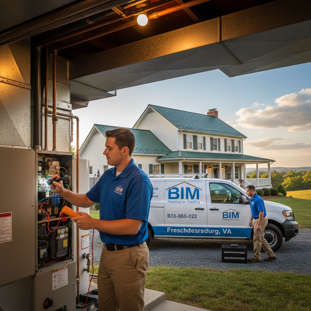 HVAC technician from BIM Heating and Cooling inspecting a furnace in a Fredericksburg, Virginia home.