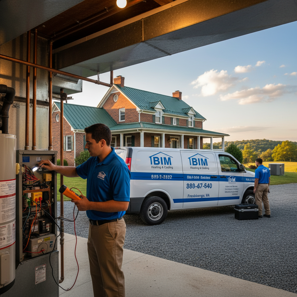 HVAC technician from BIM Heating and Cooling inspecting a furnace in a Fredericksburg, Virginia home.