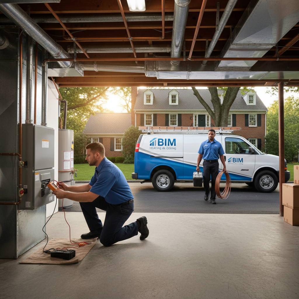 HVAC technician from BIM Heating and Cooling inspecting a furnace in a Fredericksburg, Virginia home.
