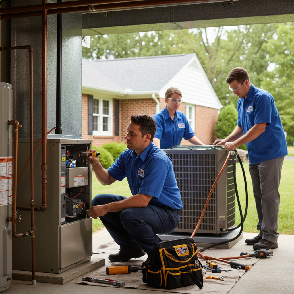 HVAC technician from BIM Heating and Cooling inspecting a furnace in a Fredericksburg, VA home.