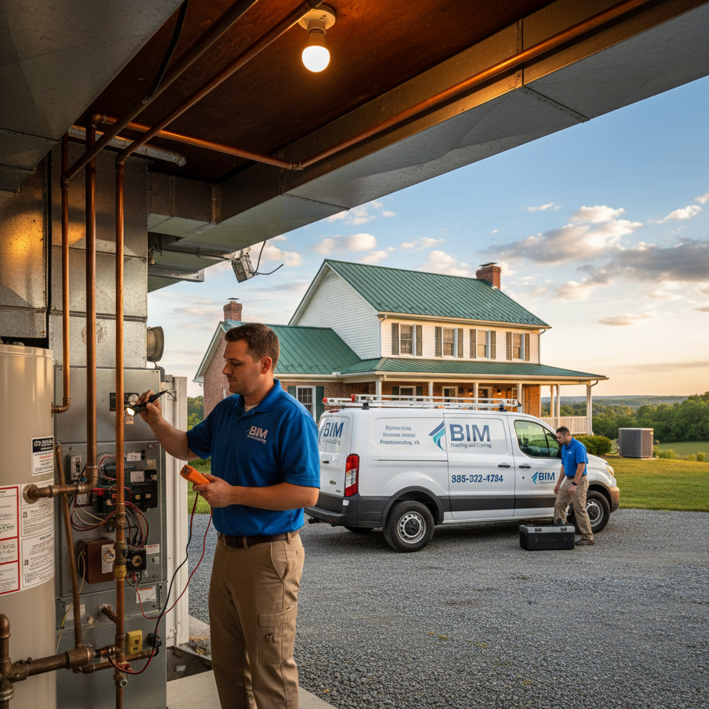 HVAC technician from BIM Heating and Cooling inspecting a furnace in a Fredericksburg, Virginia home.