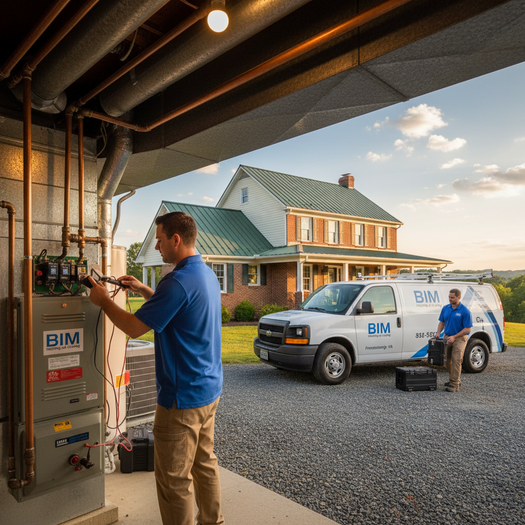 HVAC technician from BIM Heating and Cooling inspecting a furnace in a Fredericksburg, Virginia home.
