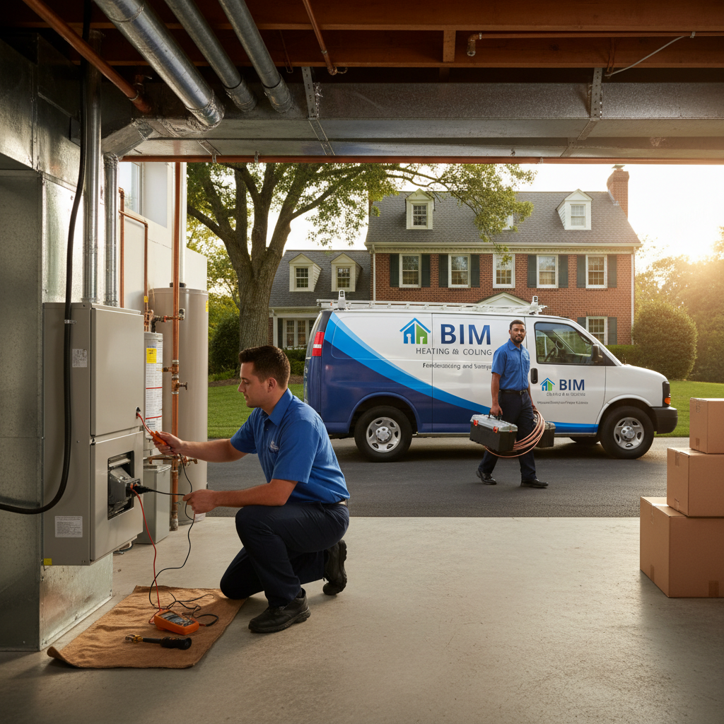 HVAC technician from BIM Heating and Cooling inspecting a furnace in a Fredericksburg, Virginia home.