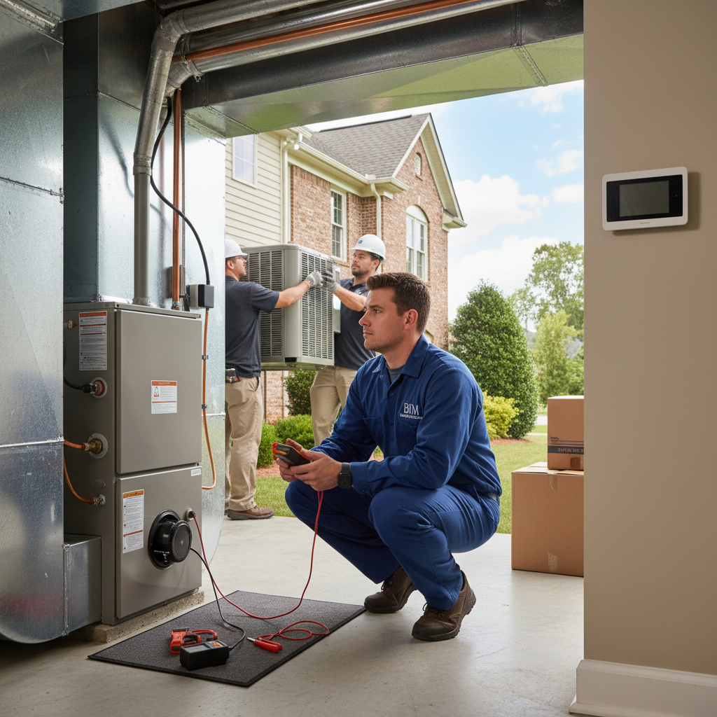 HVAC technician from BIM Heating and Cooling inspecting a furnace in a Fredericksburg, Virginia home.