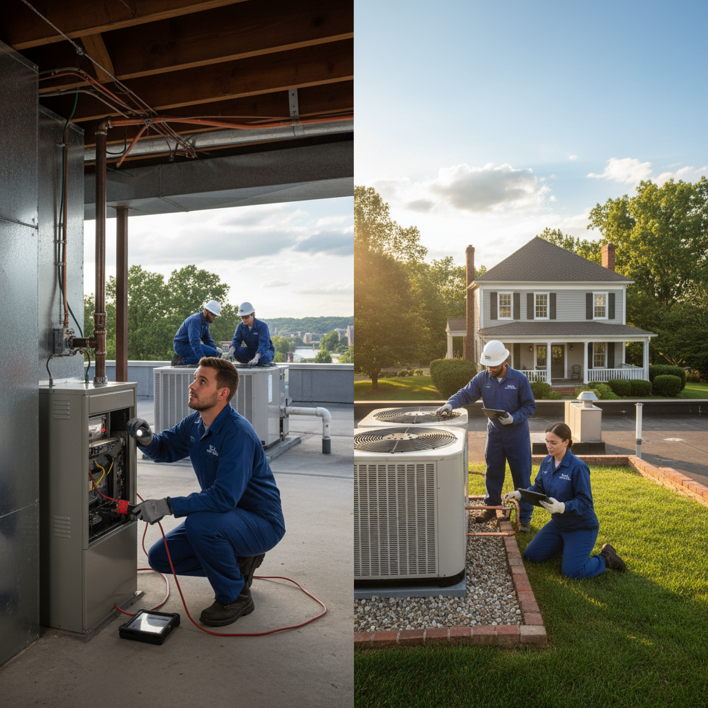 HVAC technician from BIM Heating and Cooling inspecting a furnace in a Fredericksburg, Virginia home.