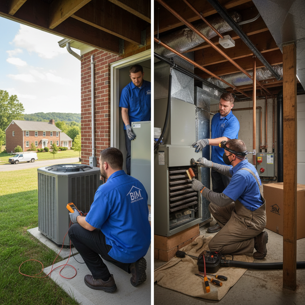 HVAC technician from BIM Heating and Cooling inspecting a residential air conditioning unit in Fredericksburg, VA.