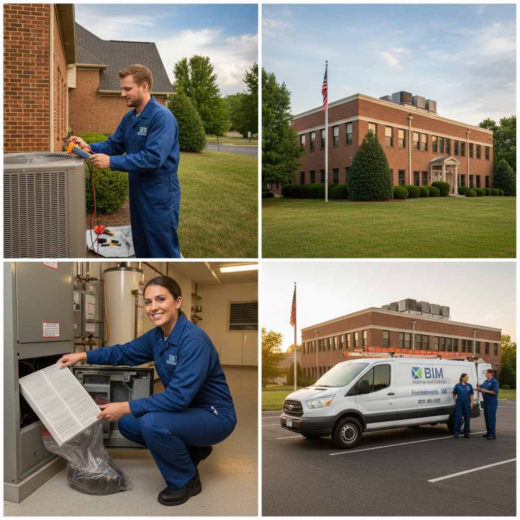 HVAC technician from BIM Heating and Cooling inspecting a residential AC unit in Fredericksburg, VA.