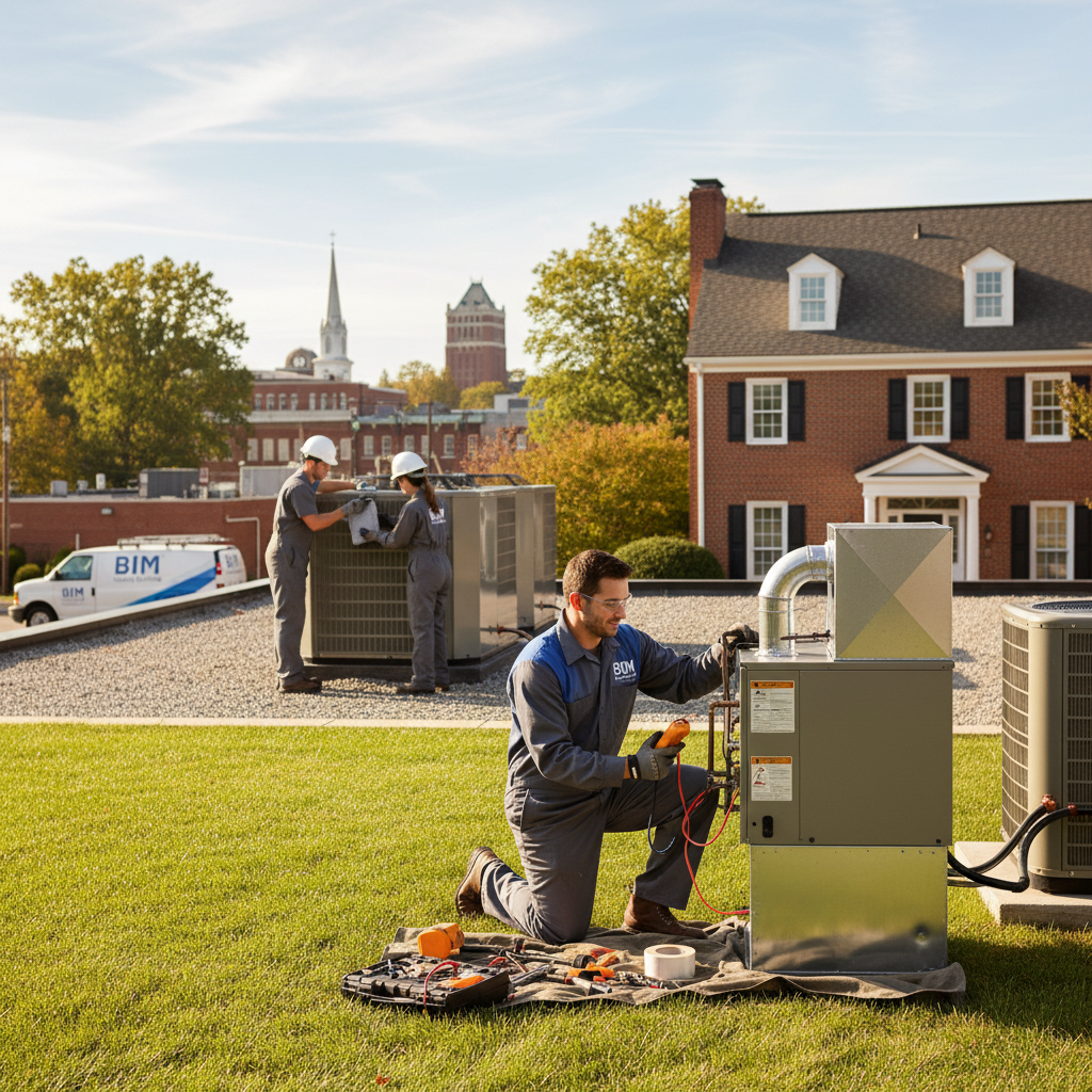 HVAC technician from BIM Heating and Cooling inspecting a residential air conditioning unit in Fredericksburg, VA.