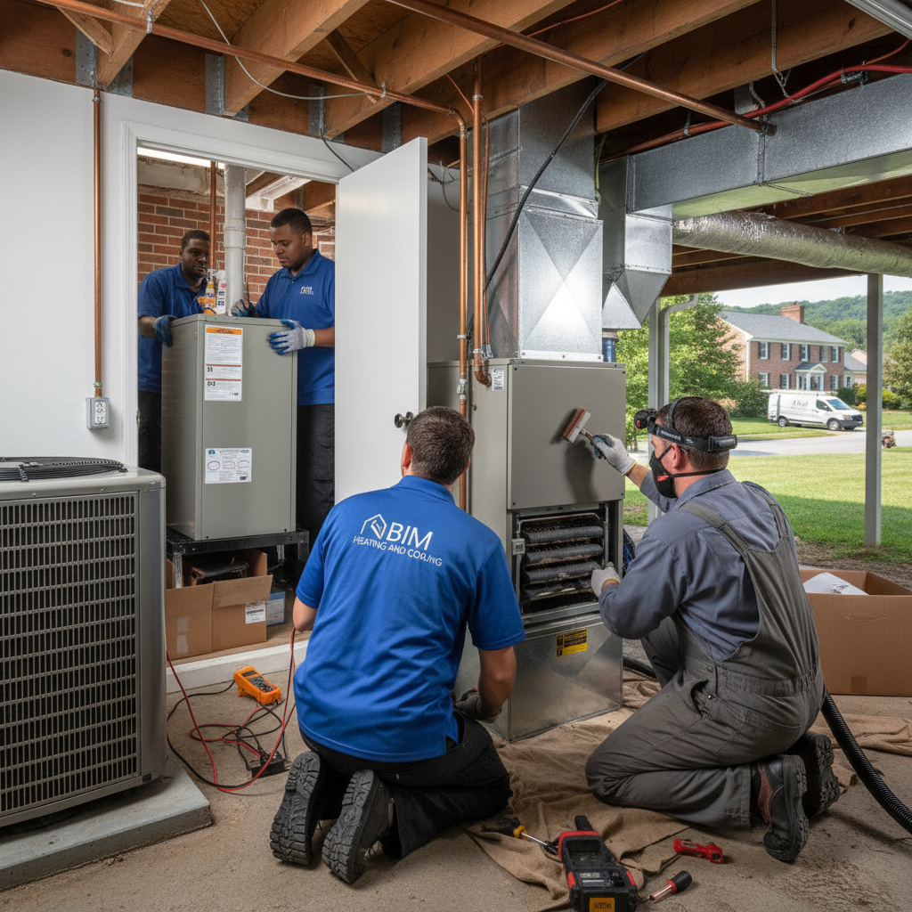HVAC technician from BIM Heating and Cooling inspecting a residential air conditioning unit in Fredericksburg, VA.
