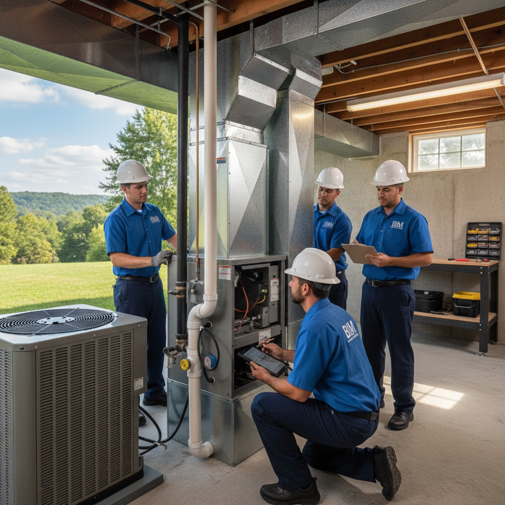 HVAC technician from BIM Heating and Cooling inspecting a residential air conditioning unit in Fredericksburg, VA.