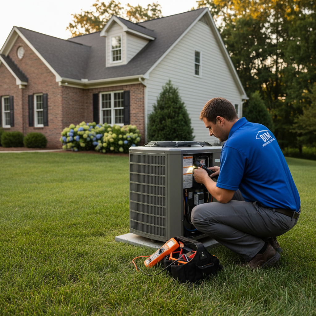 HVAC technician from BIM Heating and Cooling inspecting an outdoor AC unit in a Fredericksburg, Virginia home.