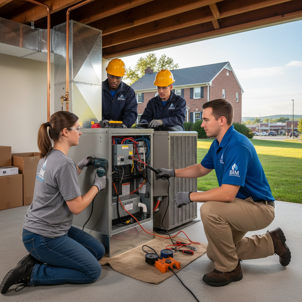 HVAC technician from BIM Heating and Cooling inspecting an outdoor AC unit in a Fredericksburg, VA backyard.