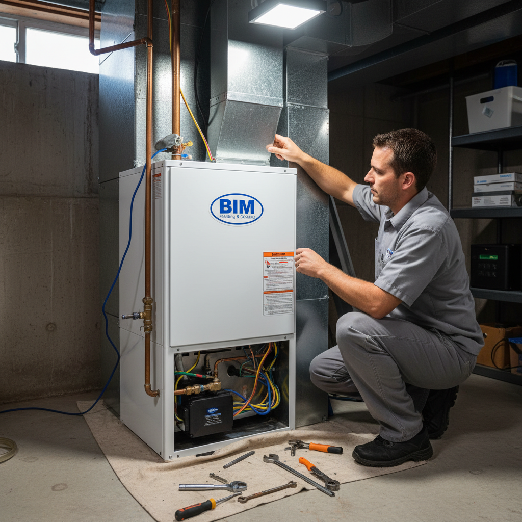 HVAC technician from BIM Heating and Cooling installing a new furnace in a Virginia home.