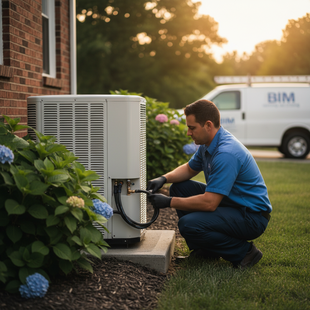 HVAC technician from BIM Heating and Cooling installing a new air conditioner unit in Fredericksburg, VA.