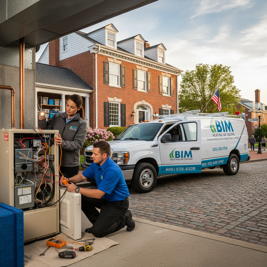 HVAC technician from BIM Heating and Cooling installing a new air conditioning unit in a Fredericksburg, Virginia home.