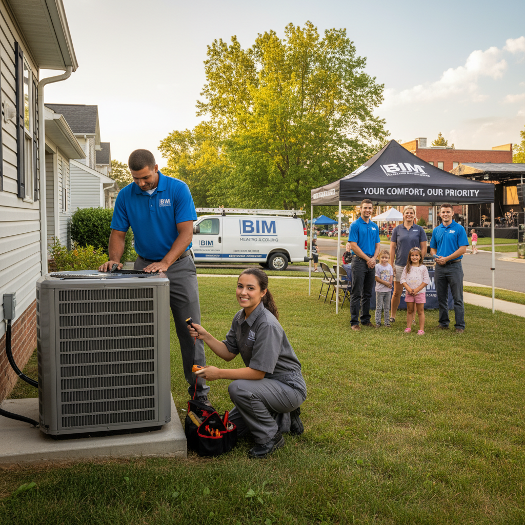 HVAC technician from BIM Heating and Cooling installing a new air conditioning unit in a Fredericksburg, VA home.