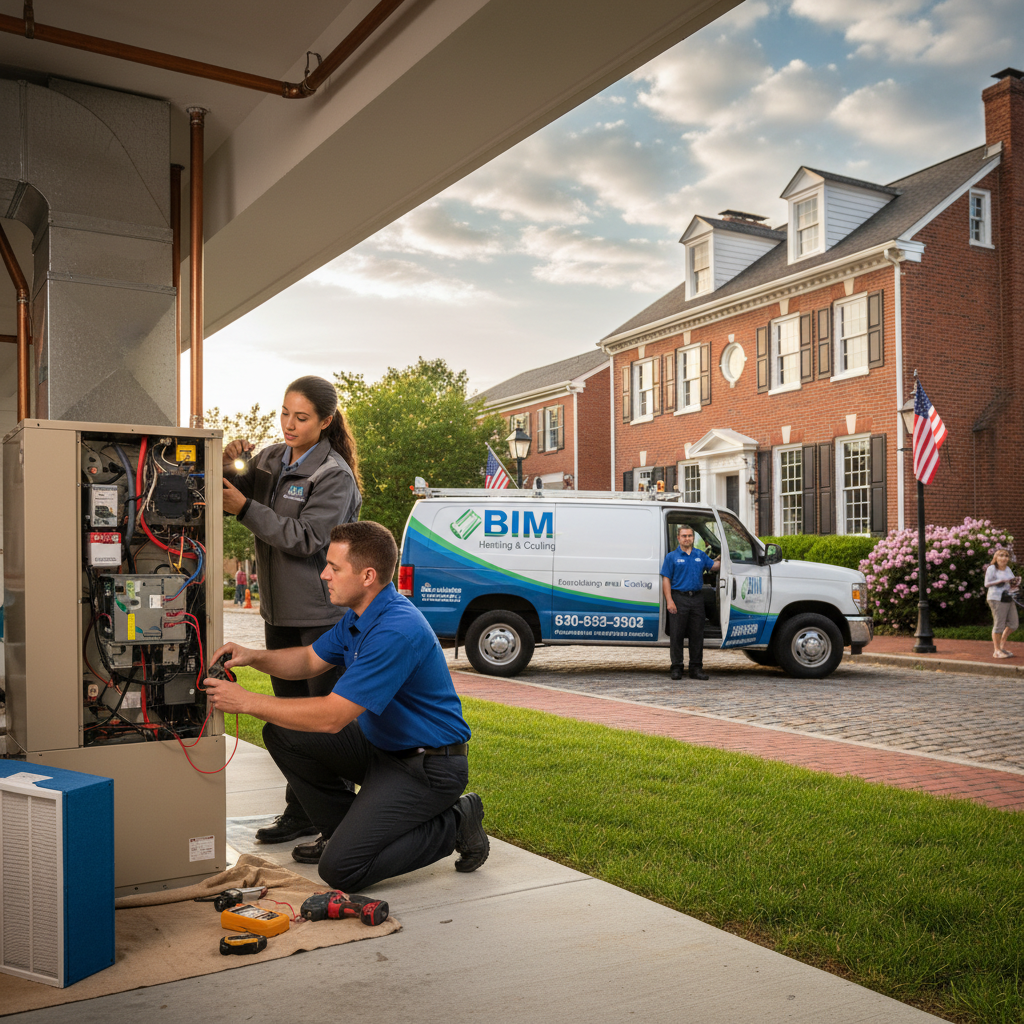 HVAC technician from BIM Heating and Cooling installing a new air conditioning unit in a Fredericksburg, Virginia home.